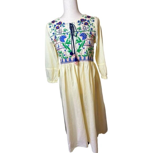 Ethnic by Outfitters Embroidered Floral Dress Yellow Pinstripe XS Boho Peasant - Picture 1 of 8